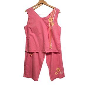 Lilly Wicket Pajama Set Womens 1X Pink 100% Cotton Embroidered Cottagecore